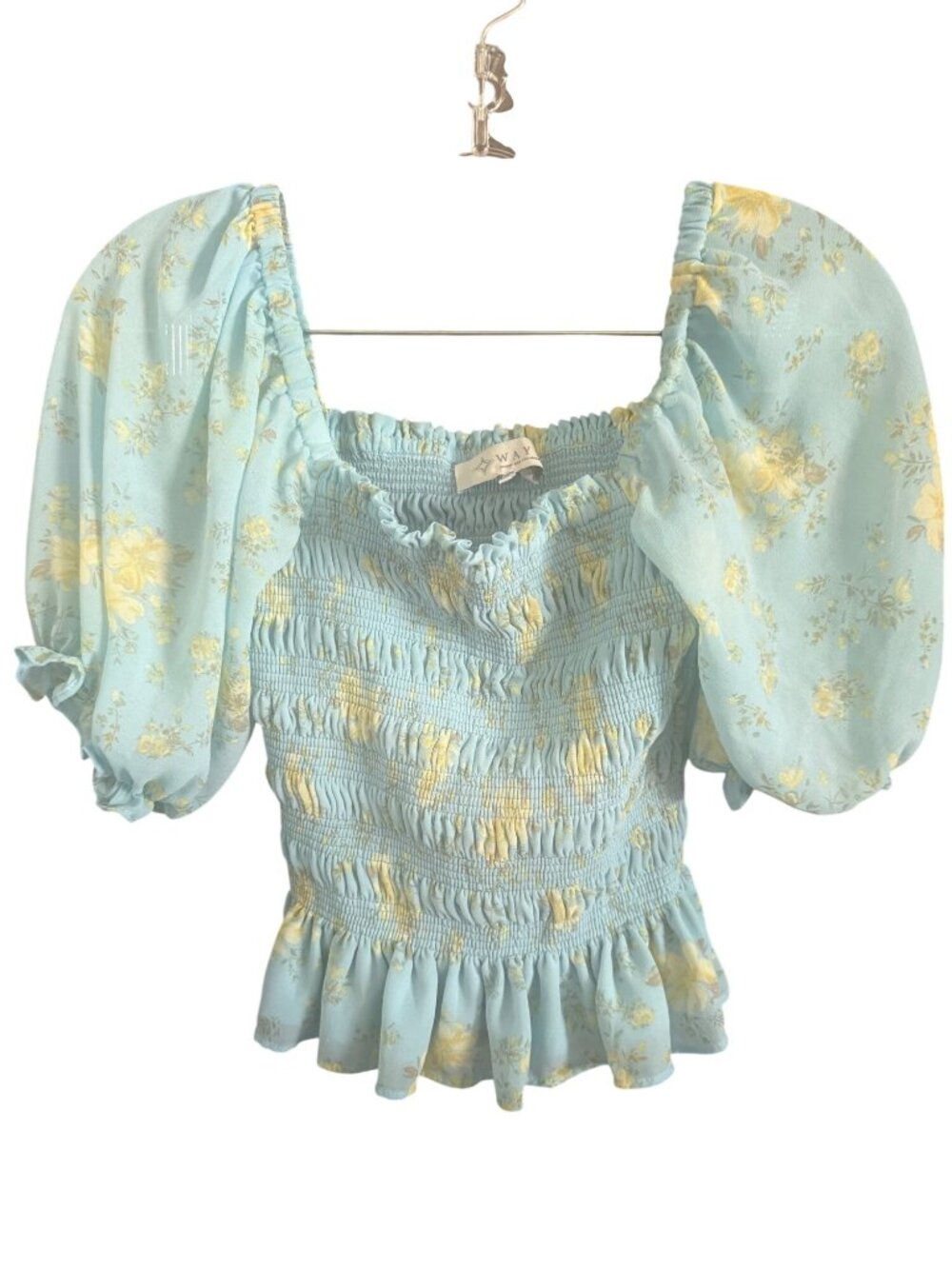 Floral Smocked Puff Sleeve Blouse With Ruffle Hem In Light Blue & Yellow